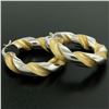 Image 1 : Italian 18K Two Tone Gold 27mm Textured Twisted Drill Bit Pattern Hoop Earrings
