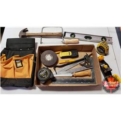 Tray Lot: Carpenter Combo (Tool Bag, Tape Measures, Stud Finder, Level, Plane, etc)