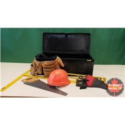 Carpenters Combo: Tool Belt, Saw, Tape Measure, Level, Drywall T-Square, Hard Hat & Metal Tool Job B