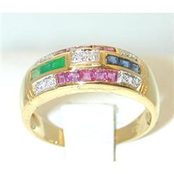 1367 18K Gold Ring w/Em/Ru/Sap/Dia