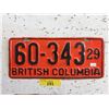 Image 1 : 1929 BC License Plate - Single Plate