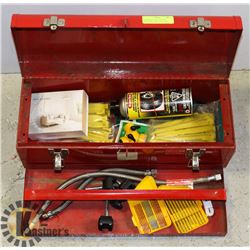 RED BEACH TOOL BOX WITH REMOVABLE TRAY WITH  MISC.