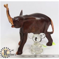 WOODEN ELEPHANT SCULPTURE & MINI GLASS ELEPHANT