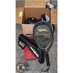 TWO CAMERAS, CAMERA CASE, RACKET BALL RACKET, TRAV