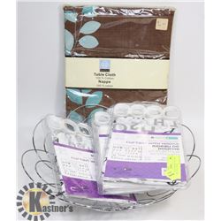 LOT OF 3 NEW SHOWER CURTAINS AND WIRE FRUIT BOWL