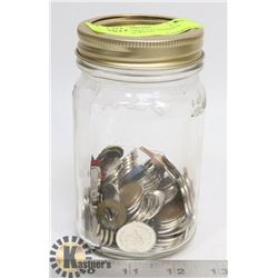 JAR FULL OF MISCELLANEOUS COINS AND TOKENS