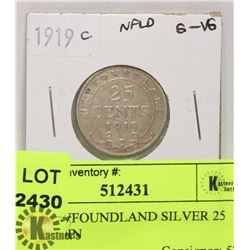 1919 NEWFOUNDLAND SILVER 25 CENT COIN