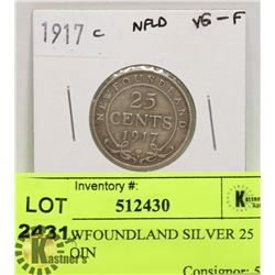 1917 NEWFOUNDLAND SILVER 25 CENT COIN