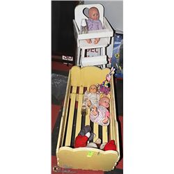 VINTAGE DOLL CRADLE AND HIGH CHAIR W/ VINTAGE