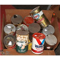 BOX OF OLD OIL AND ANTIFREEZE CANS - 10 FULL AND