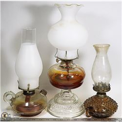 LOT OF 3 OIL LAMPS - SMALL, MEDIUM AND LARGE OIL