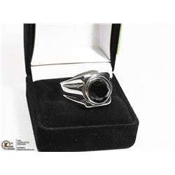 NEW MENS STEEL RING WITH BLACK STONE -