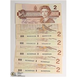 SIX 1986 TWO DOLLAR  BILLS - 3 ARE UNCIRCULATED