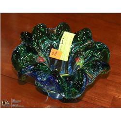 VINTAGE BLUE-GREEN ART GLASS BOWL - 8.5"-