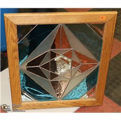 OAK FRAMED STAINED GLASS WALL HANGING.