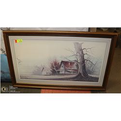 VINTAGE WOOD FRAMED BARN PICTURE.