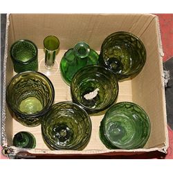 BOX OF ESTATE GREEN VASES & MORE