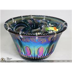 VINTAGE BLUE CARNIVAL GLASS PUNCH BOWL SET