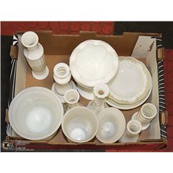 FLAT OF MILK GLASS VASES, BOWLS & MORE