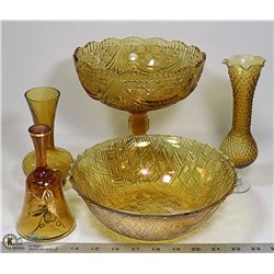 FLAT OF ASSORTED VINTAGE AMBER GLASS DISHES