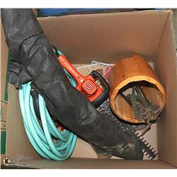 LARGE BOX OF GARDEN TOOLS, SUPPLIES AND