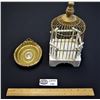 Image 1 : 1 Wood and Painted Brass Birdcage and 1 Limoge Style Porcelain Picture in Original Frame