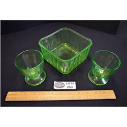 Vintage Green  Uranium Depression Glass Refrigerator Dish and 5 Glasses