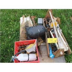 CARPENTER'S TOOLBOX C/W MISC, AXE, RED MILK CRATE