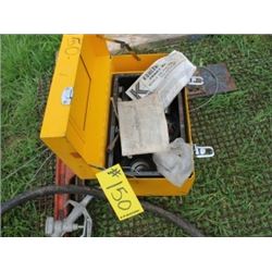 YELLOW TOOLBOX C/W GAS HOSE, PIPE WRNEHC, GRATING, MISC SOCKETS & SAW HORSE LEGS