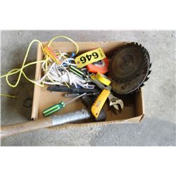BOX C/W SAW BLADES, AXE, ASSORTED TOOLS