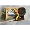 Image 1 : BOX C/W SAW BLADES, AXE, ASSORTED TOOLS