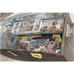 METAL STORAGE BOX (APPROX 46.5" X 22") WITH STAPLERS, BRUSHES, TOOLS, ETC