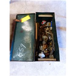 GREEN TOOLBOX C/W MISC GRINDER DISCS, TAPE MEASURES, ETC