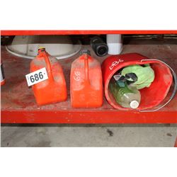 3 JERRY CANS, RED PAIL, CAR WASH, ETC