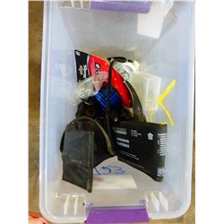 PLASTIC TOTE WITH GRINDING WHEELS, TIE DOWNS, CABLE LOCKS, BATTERY WARMER