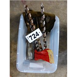 PLASTIC TOTE WITH BITS, VARIOUS WOOD BITS, ETC