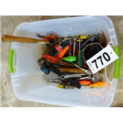 TUB WITH WRENCHES, HAMMERS, SCREW DRIVERS, ETC