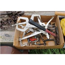 BOX WITH ASSORTED CLAMPS, HAMMER, ETC