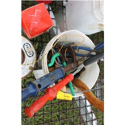 PAIL WITH NAIL PULLERS, HAMMERS, WRENCHES, ETC