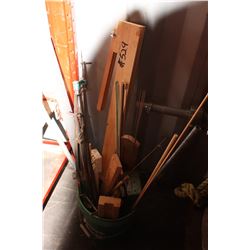 PAIL WITH LUMBER, FISHING RODS, APPLIANCE MOVERS, CLAMPS, ETC