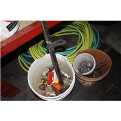 2 PAILS OF NAILS & HARDWARE, HOSE, ETC