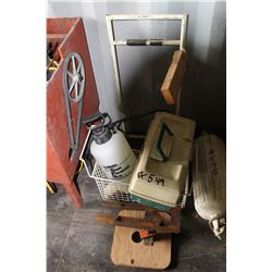 FISHING TACKLE BOX, SPRAYER, WIRE BASKET, ETC