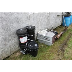 5 BLACK PAILS (EMPTY), PET KENNEL, HANGERS, ETC