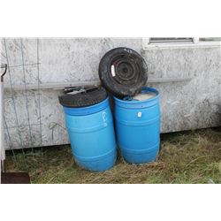 2 BLUE PLASTIC BARRELS & 2 TIRES