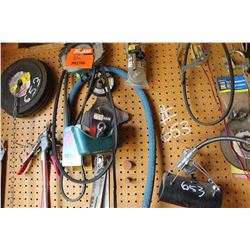CONTENTS OF PEG BOARD INCLUDING GRINDING DISCS, BELTS, WD40, OILS, ETC