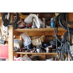 CONTENTS OF WOOD SHELF INCLUDING HOSE, HARDWARE, GREASE, FILTERS, 4 WAY WRENCHES, ETC