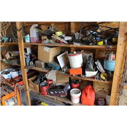 CONTENTS OF WOOD SHELF INCLUDING GERRY CANS, HOSE, HARDWARE, WINDSHIELD WASHER FLUID, ETC