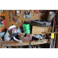 CONTENTS ON BENCH & ON WALL INCLUDING FUNNELS, FILTERS, BINS, WELDING ROD, ETC
