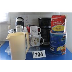 COFFEE MAKER, CUPS, GLASSES, DISH DRAINER, ETC
