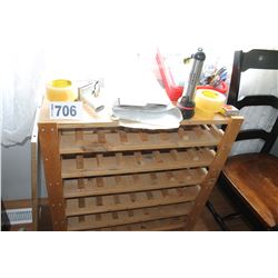 WOOD WINE RACK, FLASHLITE, TAPE GUN, OFFICE SUPPLIES, ETC
